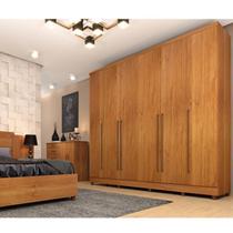 Quarto de Casal Roupeiro 6 Portas Portugal com Pés, Cama Casal Queen, Cabeceira e Cômoda 5 Gavetas Bege/Cinamomo