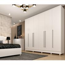Quarto de Casal Roupeiro 6 Portas Portugal com Pés, Cama Casal Queen, Cabeceira e Cômoda 5 Gavetas Branco/Neve