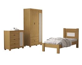 Quarto de Solteiro Clara Cama MDF Com Estrado Madeira Comoda 4 Gavetas 1 Porta Com Guarda Roupa 3 Portas C/ 2 Gavetas