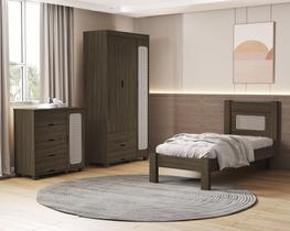 Quarto de Solteiro Clara detalhe em rattan Cama MDF Com Estrado Madeira Comoda 4 Gavetas 1 Porta Com Guarda Roupa 3 Portas 2 Gavetas
