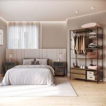 Quarto Estilo Industrial com Guarda Roupa Closet de 2 Gavetas e 2 Mesas de Cabeceira com 1 Gaveta Marrom/Mel/Grafite Quarto Estilo Industrial com Guarda Roupa Closet de 2 Gavetas e 2 Mesas de Cabeceira com 1 Gaveta Marrom/Mel/Grafite