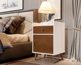 Quarto Estilo Retrô Pés Palito Mesa de Cabeceira 1 gaveta 1 porta Prime Perola com Caramelo - Comprar Moveis Em Casa