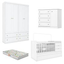 Quarto Infantil 4 Portas Mississipi Com Berço Multifuncional Cleo Branco Fosco Com Colchão Gazin - Henn
