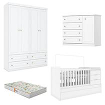 Quarto Infantil 4 Portas Mississipi com Berço Multifuncional Cleo Branco Fosco com Colchão Gazin - Henn Quarto Infantil 4 Portas Mississipi com Berço Multifuncional Cleo Branco Fosco com Colchão Gazin - Henn