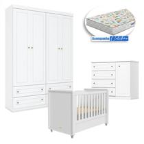 Quarto Infantil 4 Portas Mississipi com Berço Tutto New Branco Fosco e Colchão Gazin - Matic