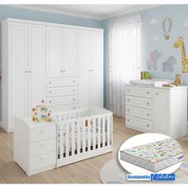 Quarto Infantil Americano 6 Portas com Berço Multifuncional Atlanta Ambiente Branco Fosco e Colchão Gazin - Reller Quarto Infantil Americano 6 Portas com Berço Multifuncional Atlanta Ambiente Branco Fosco e Colchão Gazin - Reller