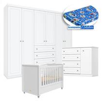Quarto Infantil Americano 6 Portas com Berço Tutto New Branco Fosco e Colchão Ortobom - Henn Quarto Infantil Americano 6 Portas com Berço Tutto New Branco Fosco e Colchão Ortobom - Henn