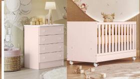 Quarto Infantil Baby Com Berço Padrão Americano e Cômoda Gavetas Rosa Acetinado - Qmovi