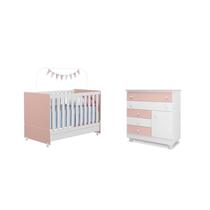 Quarto Infantil Berço Americano Encanto, Cômoda Adhara 5 Gavetas 1 Porta Branco/Rosê - FbABY