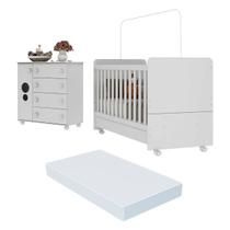Quarto Infantil Berço com Colchão Incluso e Cômoda Multimóveis Pimpolho FG3570 Branco