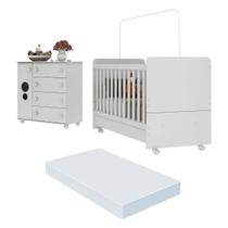 Quarto Infantil Berço com Colchão Incluso e Cômoda Pimpolho Multimóveis Branco