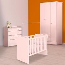 Quarto Infantil Berço, Cômoda Trocador e Guarda Roupa Rosa