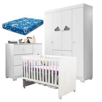 Quarto Infantil Berço Doce Sonho com Cômoda e Guarda Roupa Infantil Ane e Colchão Cor Branco - Phoenix