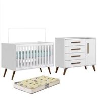 Quarto Infantil Berço Mini Cama com Colchão e Cômoda Q Encanto Retrô Branco Qmovi