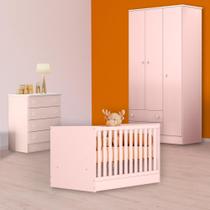 Quarto Infantil Berço Mini Cama, Cômoda e Guarda Roupa Rosa