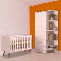 Quarto Infantil Berço Mini Cama Retrô e Guarda Roupa 2P Rosa