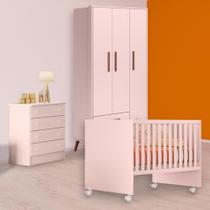 Quarto Infantil Berço Reto, Cômoda e Guarda Roupa Retrô Rosa