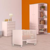 Quarto Infantil Berço Reto, Cômoda e Guarda Roupa Rosa