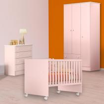 Quarto Infantil Berço Reto, Cômoda e Guarda Roupa Rosa