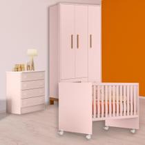 Quarto Infantil Berço Reto, Cômoda e Guarda Roupa Slim Rosa