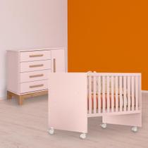 Quarto Infantil Berço Reto e Cômoda Sapateira Slim Rosa