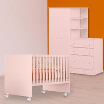 Quarto Infantil Berço Reto e Guarda Roupa C/ Cômoda Rosa