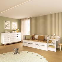 Quarto Infantil Cama de Solteiro 3 em 1 e Cômoda 10 Gavetas em MDF Premium Helena e Alice Branco/Louro Freijó Grann