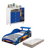 Quarto Infantil Carro Azul com Colchão Completo Cama Stock Car Cômoda Esportiva e Colchão