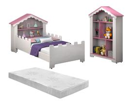 Quarto Infantil Castelo Estante + Cama + Colchão Branco/Rosa