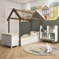 Quarto Infantil com 1 Minicama Montessoriana 1 Estante Retrô e Baú com Tampo Espresso Móveis Branco/Carvalho