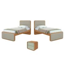 Quarto Infantil com 2 Camas Solteiro Loop Tecido Boucle e Mesa de Cabeceira 2 Gavetas Loop Amendoa Clean/Salvia