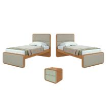 Quarto Infantil com 2 Camas Solteiro Loop Tecido Boucle e Mesa de Cabeceira 2 Gavetas Loop