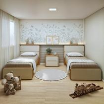 Quarto Infantil com 2 Camas Solteiro Loop Tecido Corano e Mesa de Cabeceira 2 Gavetas Loop Amêndoa Clean/Off White