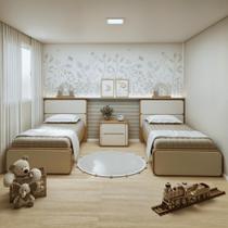 Quarto Infantil com 2 Camas Solteiro Loop Tecido Corano e Mesa de Cabeceira 2 Gavetas Loop Bege/Amêndoa Clean/Off White