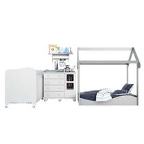 Quarto Infantil com Berço, Cama Montessoriana, Cômoda Uli e Prateleira com Suporte Móveis Peroba Branco/Cinza