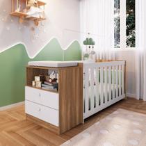 Quarto Infantil com Berço Colchão e Cômoda Marrom e Branca Aconchego Completa Móveis