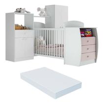 Quarto Infantil com Berço-Cômoda e Colchão Incluso Laura Multimóveis Branco/Rosa