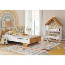 Quarto Infantil com Cama Mesa Casinha e Banco Olívia 100% MDF Espresso Móveis Branco/Brilho/Amêndoa