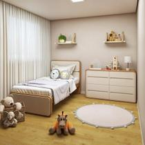 Quarto Infantil com Cama Solteiro Loop Tecido Corano e Cômoda 8 Gavetas 152x48x96cm Loop Amêndoa Clean/Off White - Móveis Lopas