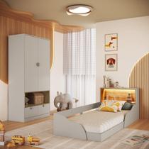 Quarto Infantil com Cama Solteiro Montessoriana com Iluminação Led e Guarda-roupas Lille