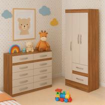 Quarto Infantil com Cômoda 10 Gavetas e Guarda-Roupa 3 Portas e 2 Gavetas Ninho Castanho / Off White