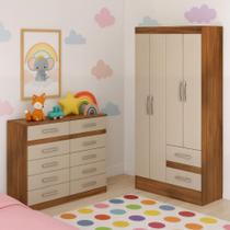 Quarto Infantil com Cômoda 10 Gavetas e Guarda-Roupa 4 Portas e 2 Gavetas Ninho Castanho/Off White Quarto Infantil com Cômoda 10 Gavetas e Guarda-Roupa 4 Portas e 2 Gavetas Ninho Castanho/Off White