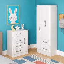 Quarto Infantil com Cômoda 4 Gavetas e 1 porta Guarda-Roupa 3 Portas e 2 Gavetas Ninho Branco Quarto Infantil com Cômoda 4 Gavetas e 1 porta Guarda-Roupa 3 Portas e 2 Gavetas Ninho Branco