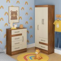 Quarto Infantil com Cômoda 4 Gavetas e 1 Porta Guarda-Roupa 3 Portas e 2 Gavetas Ninho Castanho/Off White