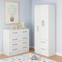 Quarto Infantil com Cômoda 8 Gavetas e Guarda-Roupa 3 Portas e 2 Gavetas Ninho Branco