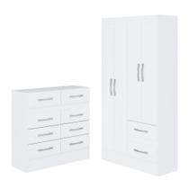 Quarto Infantil com Cômoda 8 Gavetas e Guarda-Roupa 4 Portas e 2 Gavetas Ninho Branco