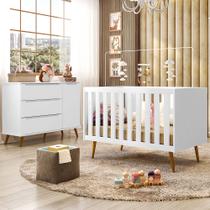 Quarto Infantil com Comoda Melinda 1 Porta e 3 Gavetas e Berço Retro Branco - Mobili
