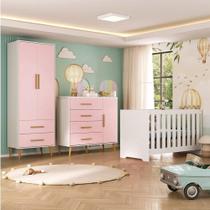 Quarto Infantil com Guarda-roupa 2 Portas 2 Gavetas com Cômoda e Berço Magia Espresso Móveis Branco/Rosa Quarto Infantil com Guarda-roupa 2 Portas 2 Gavetas com Cômoda e Berço Magia Espresso Móveis Branco/Rosa