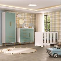 Quarto Infantil com Guarda-Roupa 2 Portas 2 Gavetas com Cômoda e Berço Magia Espresso Móveis Branco/Verde