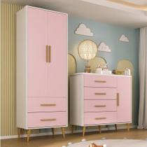 Quarto Infantil com Guarda-Roupa 2 Portas 2 Gavetas com Cômoda Magia Espresso Móveis Branco/Rosa Quarto Infantil com Guarda-Roupa 2 Portas 2 Gavetas com Cômoda Magia Espresso Móveis Branco/Rosa